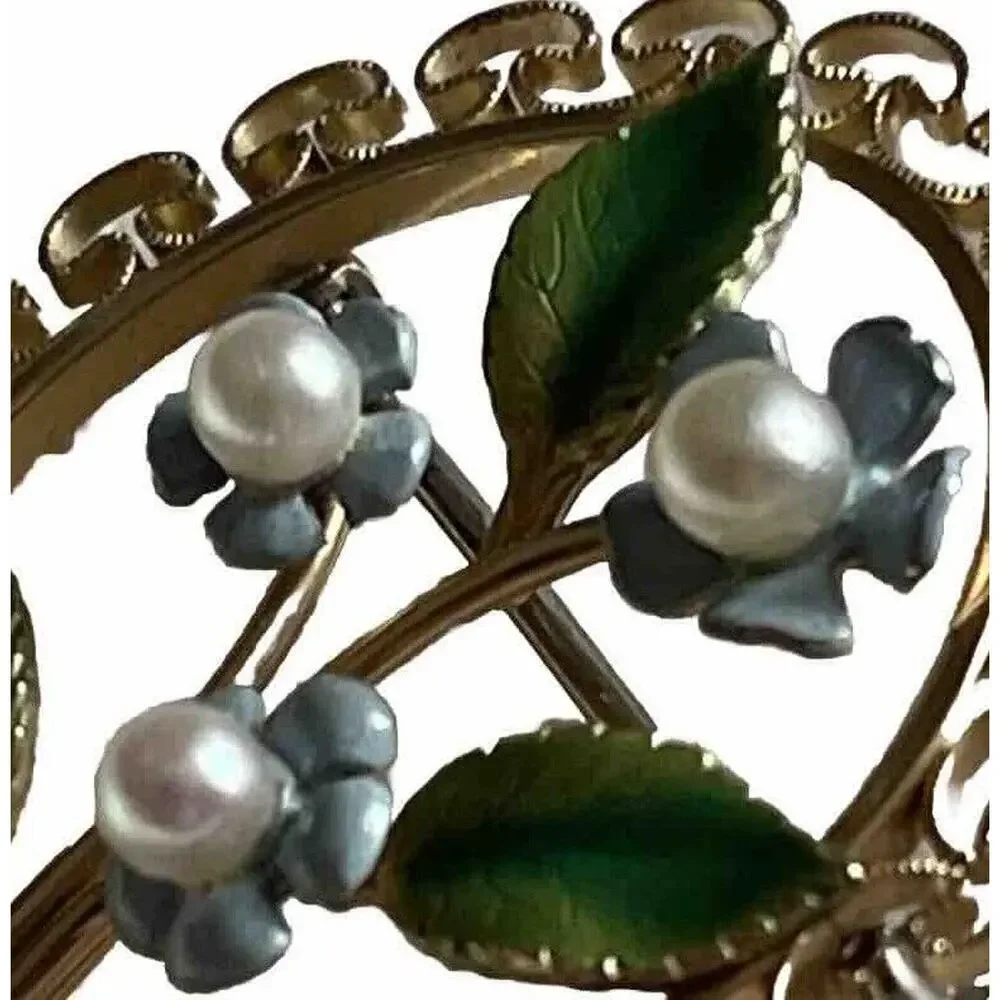 Vintage Krementz Gold Filled Forget Me Not Flower Filigree Brooch Pin Pearl Oval